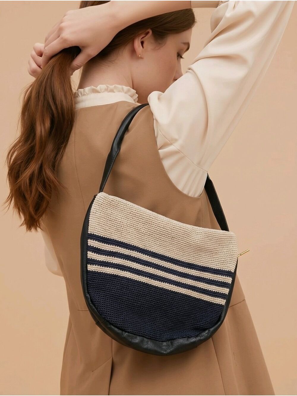 The Sak Woven Shoulder Bag in Navy, Cream & Black